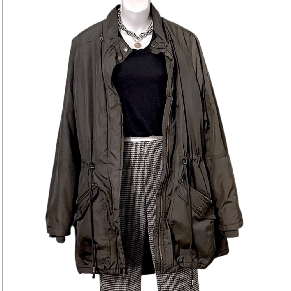 Army Olive Green Womans Water Resistant Utility Cinched Waist Funnel Neck Jacket